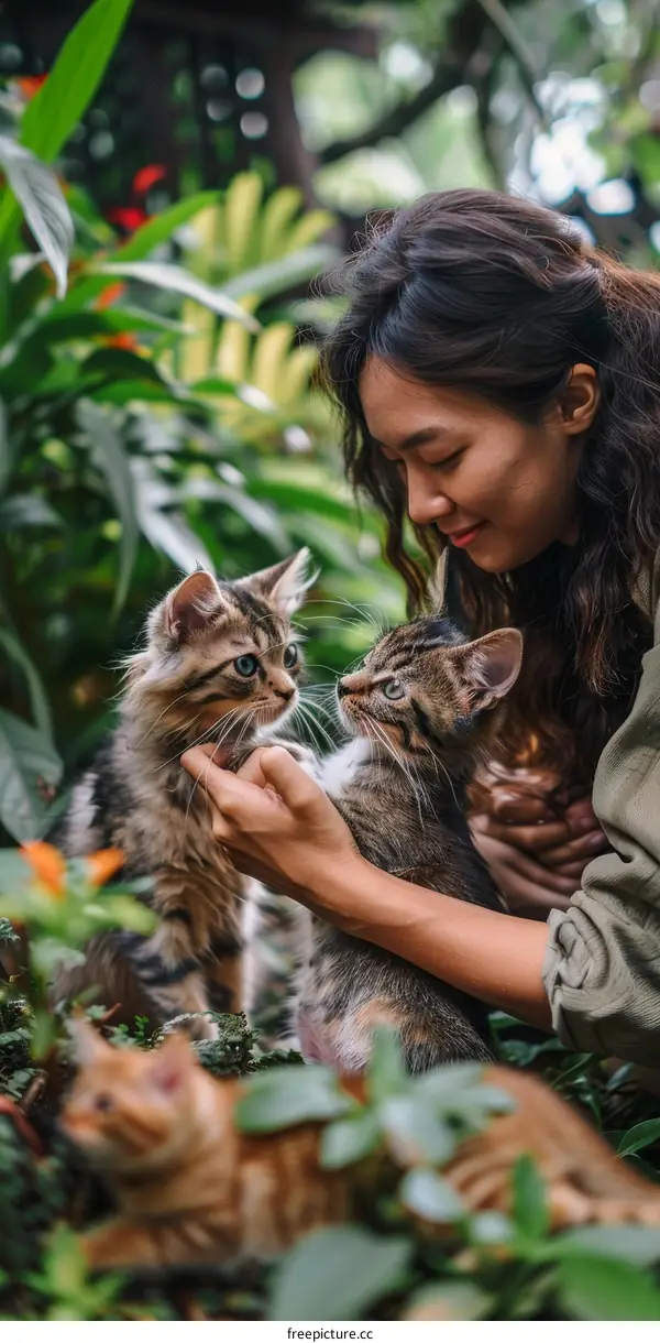 A young woman is petting two tabby kittens in a garden.