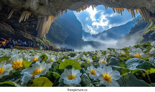 Cave Entrance with White Flowers and Tourists