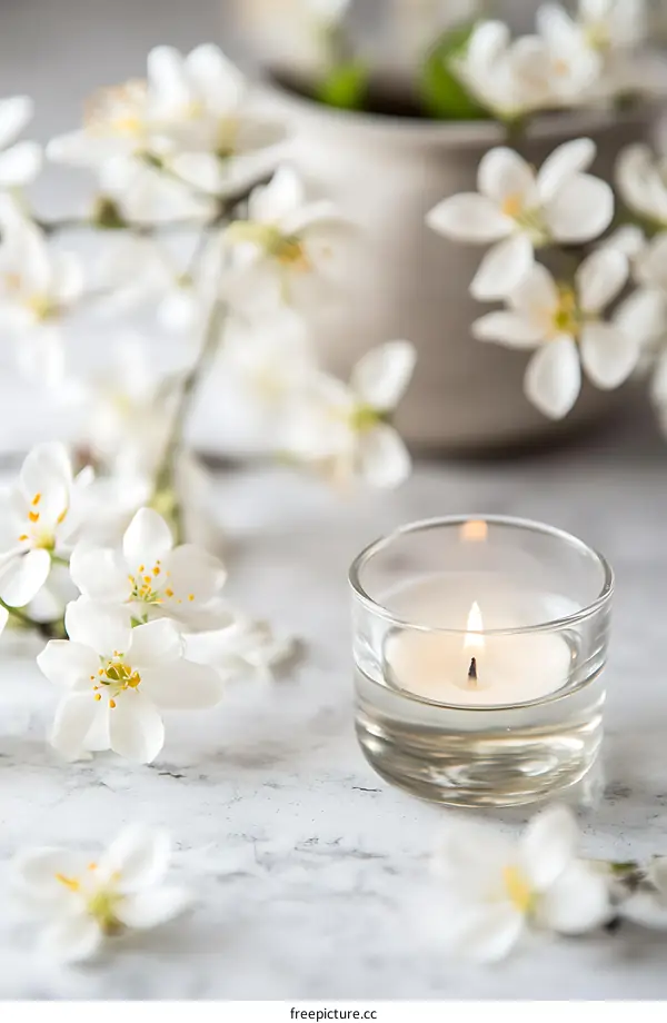 White Flowers and a Burning Candle on a Marble Surface