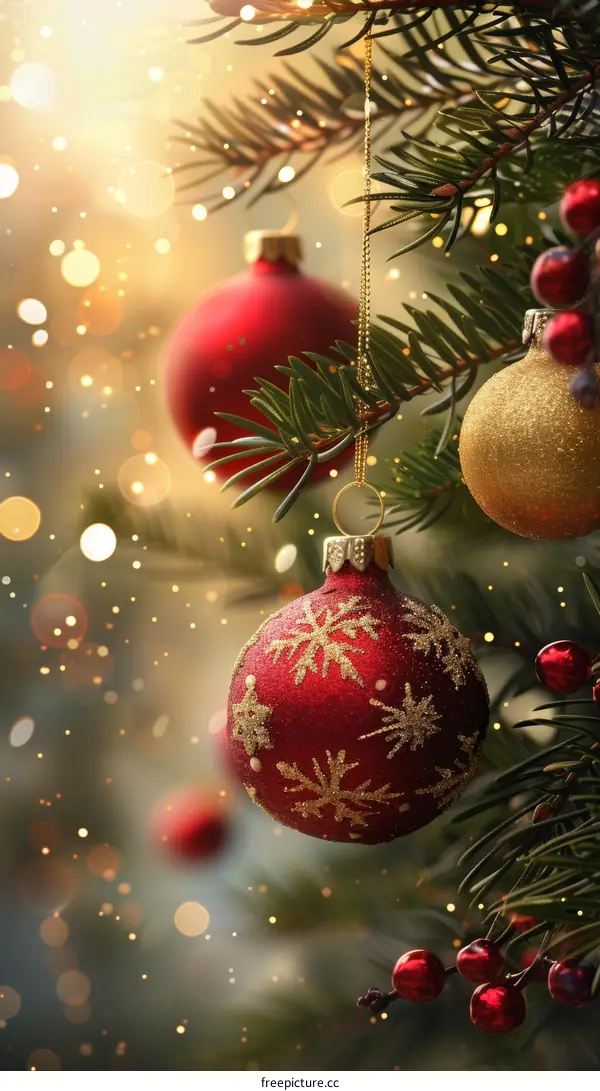 Red and gold Christmas ornaments hanging on a fir tree