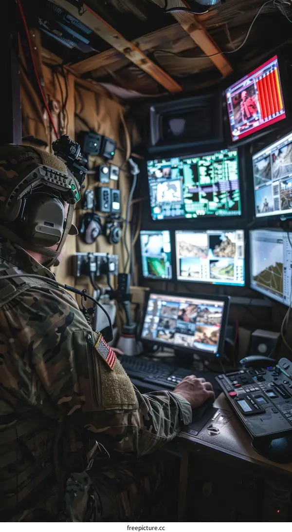 Soldier using a computer in a military control room