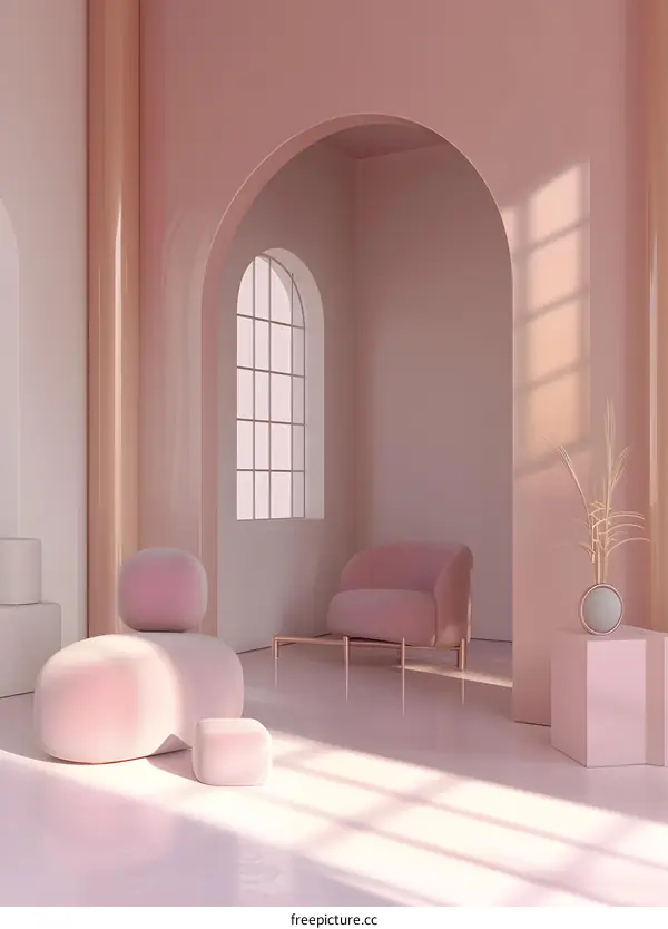 Pink Minimalist Room Interior Design With Arched Windows
