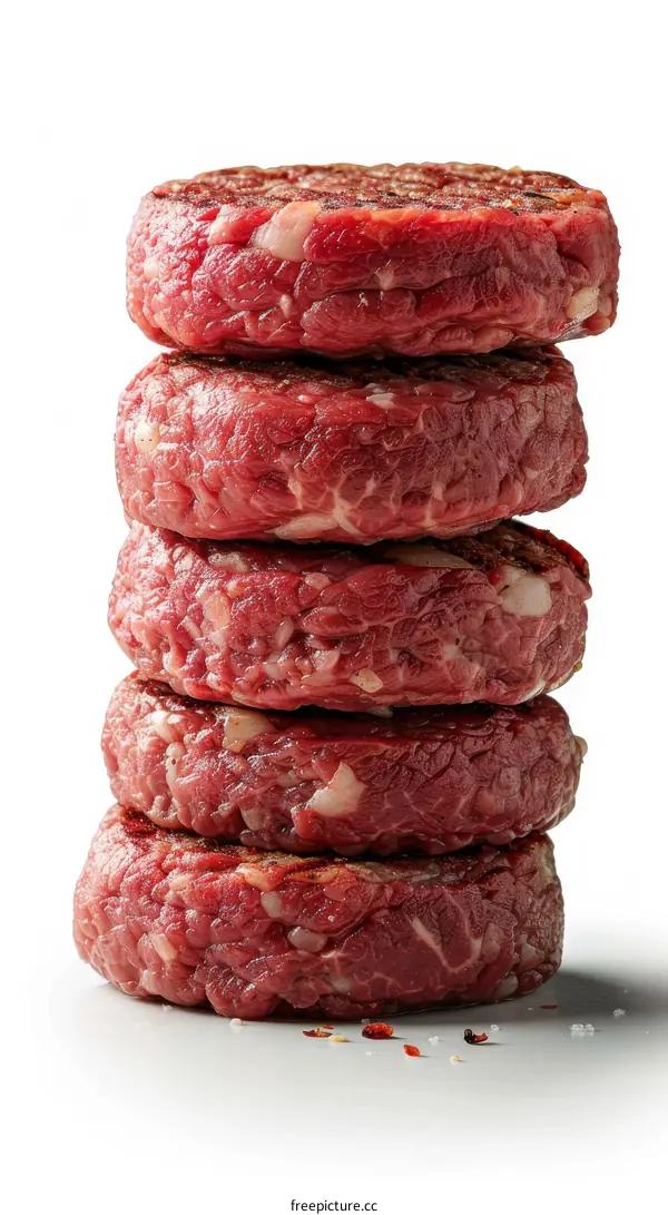 Stack of five raw hamburger patties