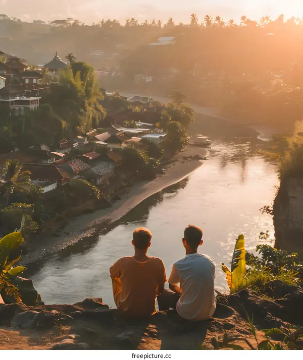 Two Men Sitting On Cliff Overlooking River And Village In The Morning