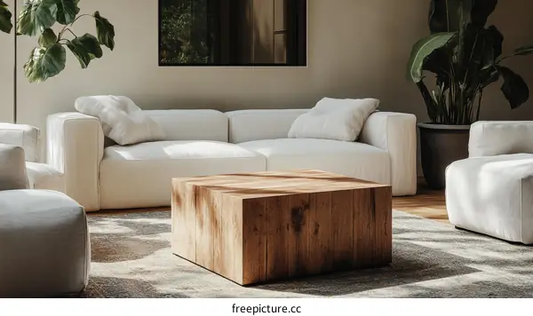 Modern Minimalist Living Room Design with Wooden Coffee Table