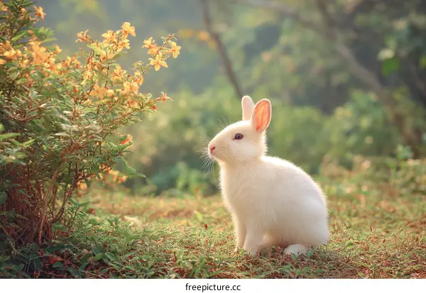 Cute White Rabbit in a Sunny Garden