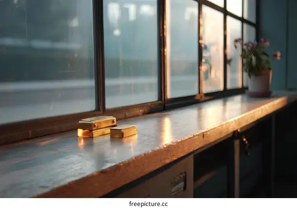 Golden window sill details of an industrial style building