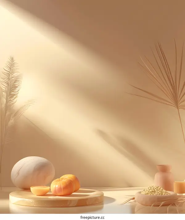 Minimalist Product Display with Orange Fruit, Wooden Sphere and Palm Leaves