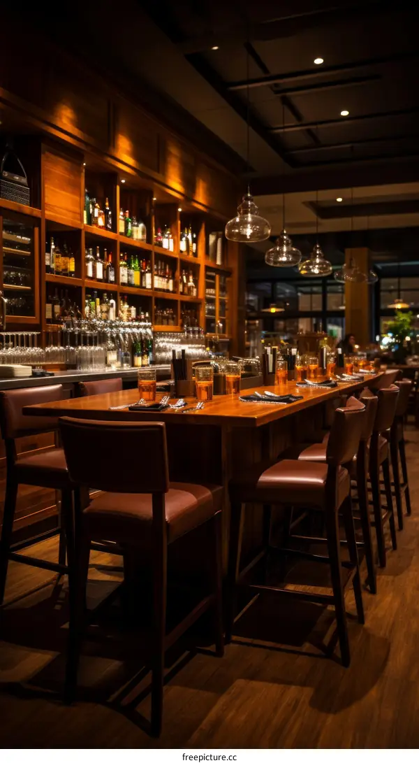Elegant bar interior with empty chairs and tables