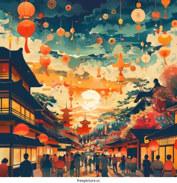 A Lively Japanese Street Scene with People and Colorful Lanterns