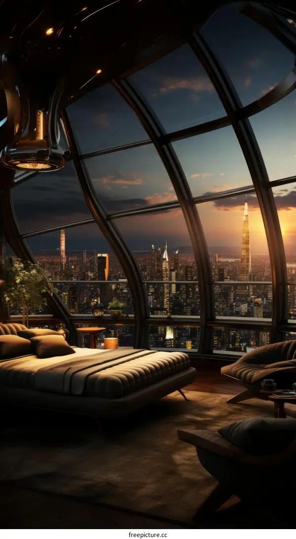 Futuristic bedroom interior with city view