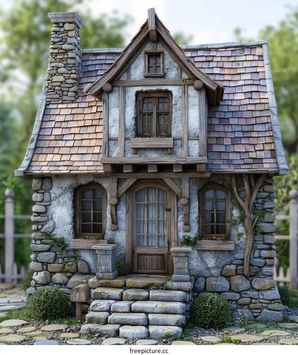 Cute cartoon stone cottage house with a brown roof