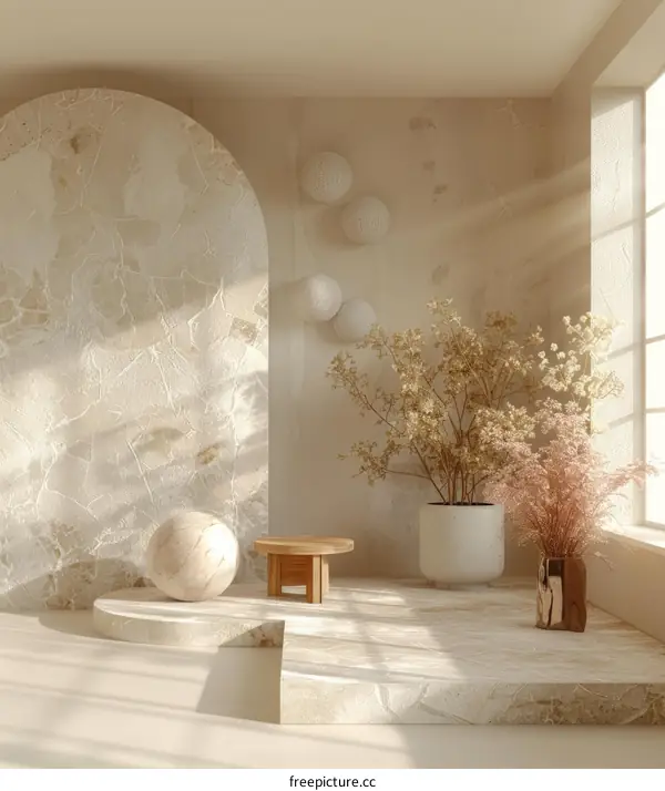 Beige Minimalist Interior Scene with Wooden Furniture