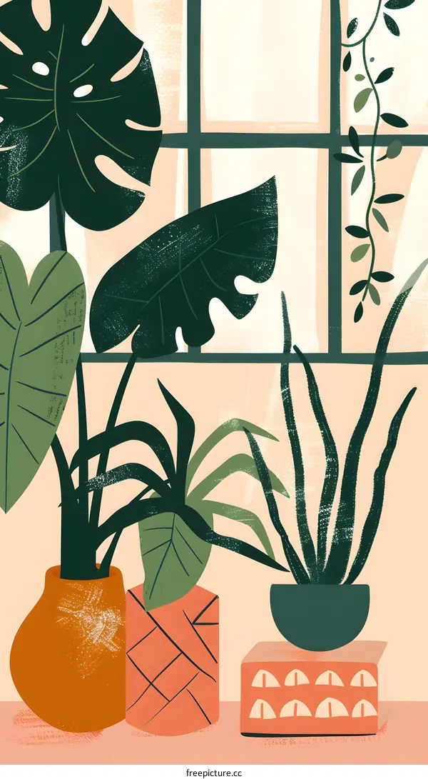 Green Plants in Pots with Window Background