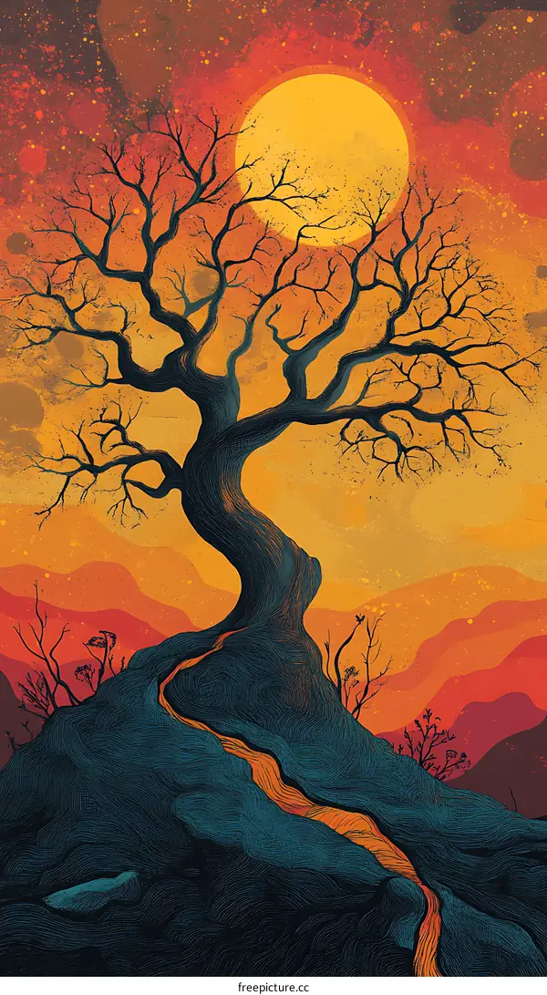 Silhouette Tree Landscape Illustration with Sun and River