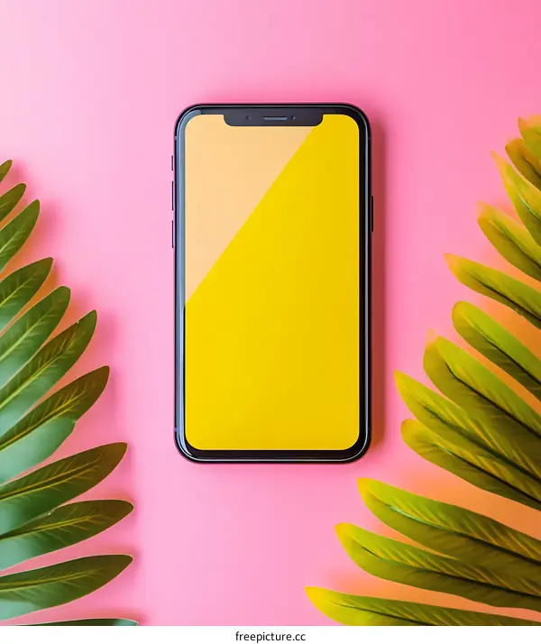 Smartphone Mockup With Green Leaves On Pink Background