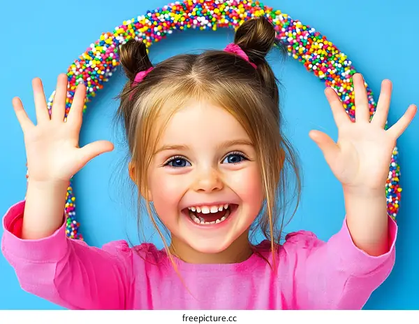 Happy Little Girl With Pink Shirt And Colorful Sprinkles