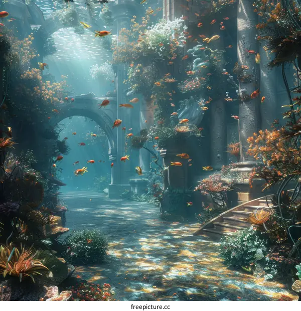 Underwater ruins reclaimed by nature