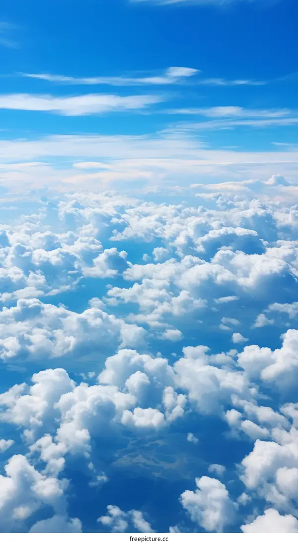 Blue sky and white clouds seen from an airplane window