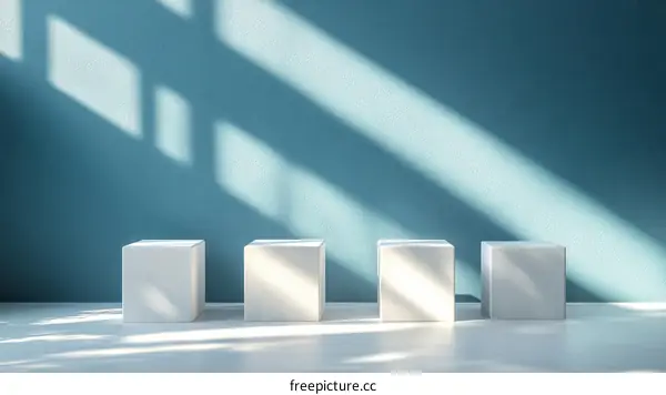 White Cubic Display Podiums Against Teal Wall