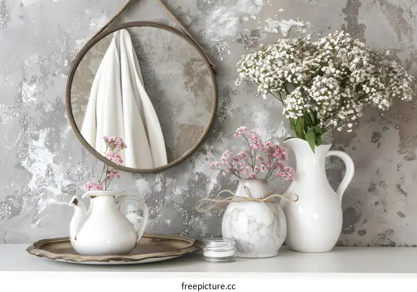 White Ceramic Vases with Pink Flowers and Towel