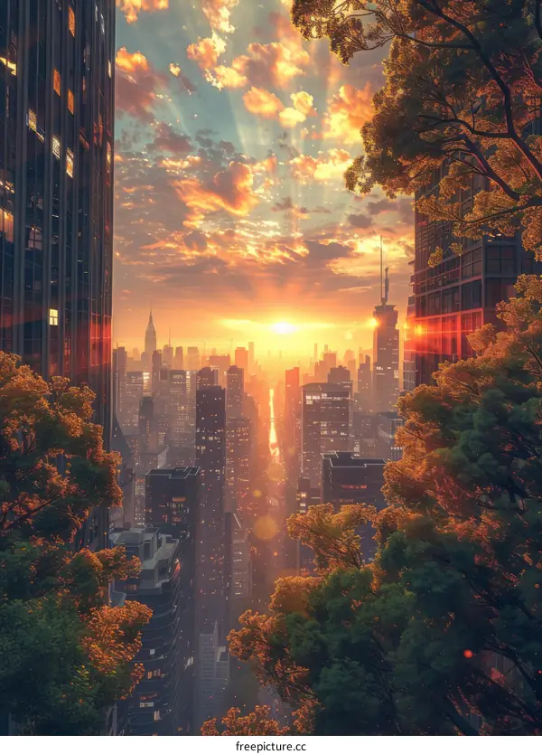 Sunrise over a Futuristic City Skyline with Trees