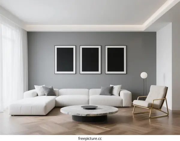 Modern living room with white sofa and round marble coffee table