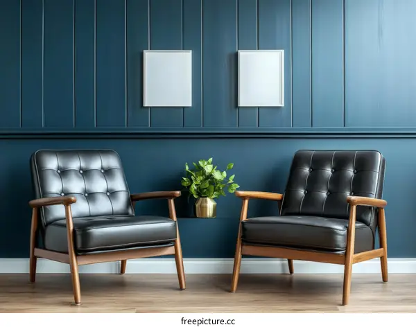 Modern Dark Blue Living Room with Black Armchairs