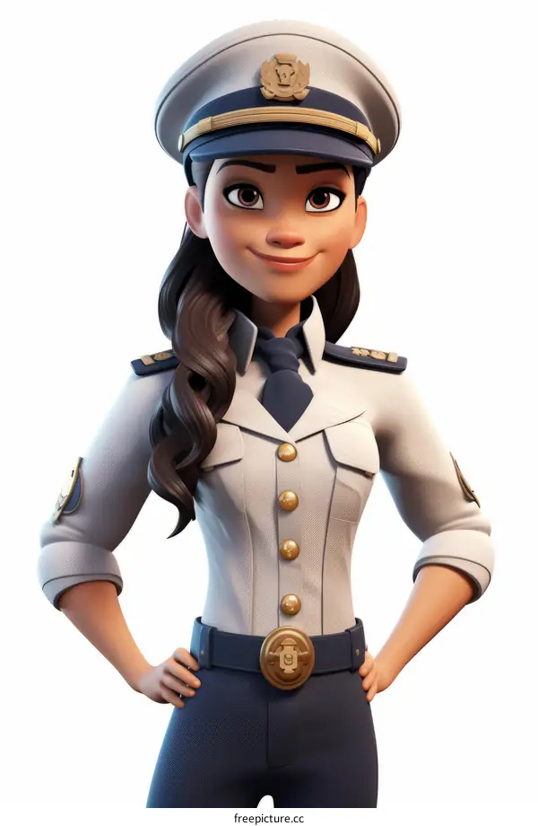 Confident female captain in white uniform with brown hair