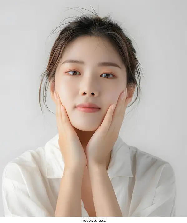 Portrait of a Young Asian Woman with a White Shirt and Natural Makeup