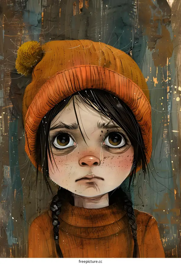 Portrait of a Sad Little Girl with a Knit Hat and Braids