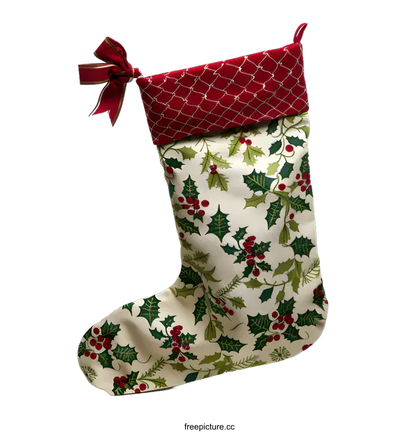 [Transparent Background PNG]Traditional Christmas Stocking with Holly Pattern