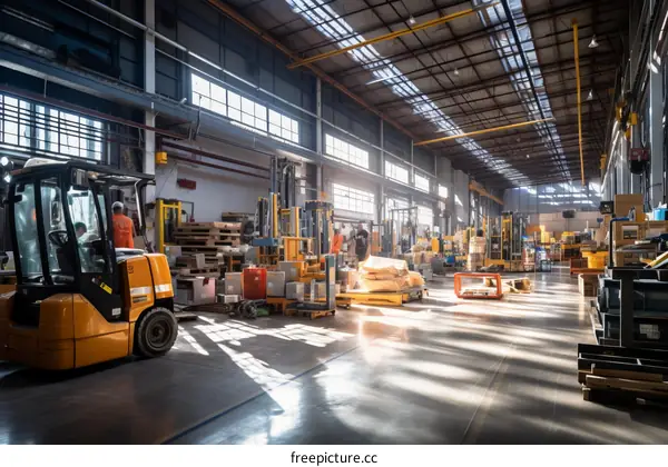A large warehouse with forklifts and workers