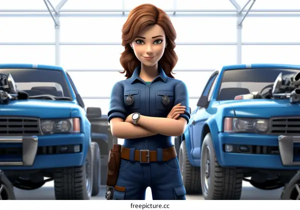 Confident female mechanic standing in a garage with arms crossed