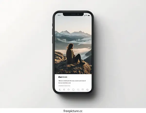 Woman Sitting On a Mountaintop Looking at the View on Phone Screen