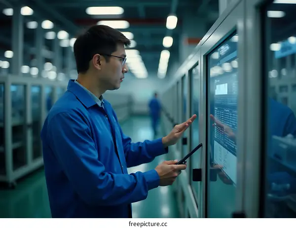 Asian Man in Blue Uniform Working in Factory