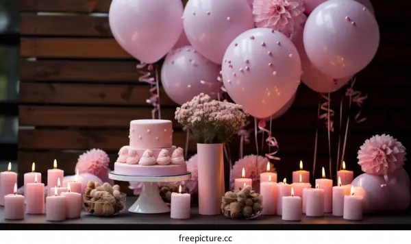 Pink birthday party with a cake, candles, and balloons