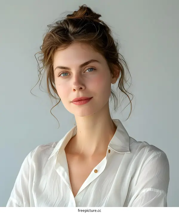 Portrait of a Young Woman with Blonde Hair and Blue Eyes