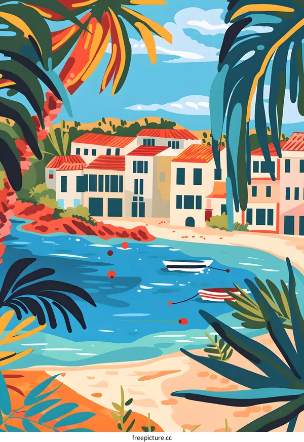 Mediterranean Village by the Sea with Palm Trees
