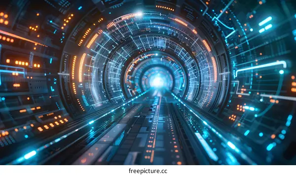 Futuristic Digital Tunnel with Blue and Orange Lights