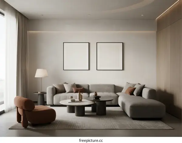 Modern Minimalist Living Room with Neutral Color Scheme and Soft Lighting