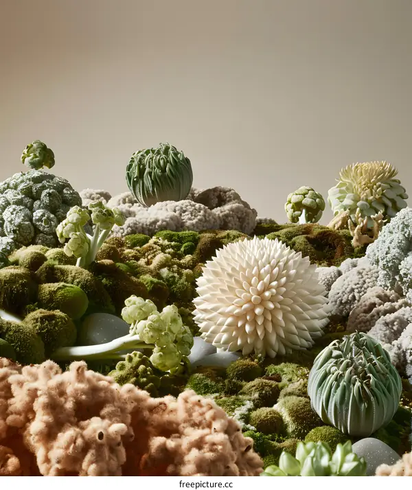 Abstract Art with Green and White Floral Objects