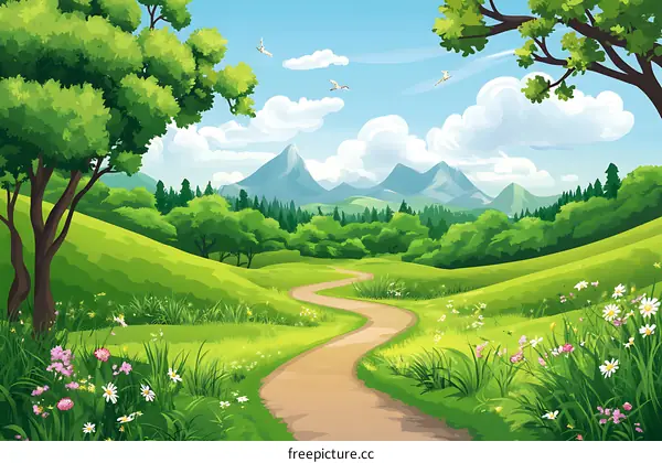Spring Landscape with Winding Path and Mountains
