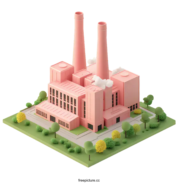 [Transparent Background PNG]Isometric View of a Pink Factory Building with Landscaping
