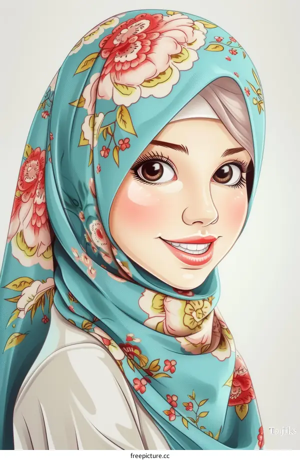 A young Muslim woman in a blue floral hijab smiles at the viewer