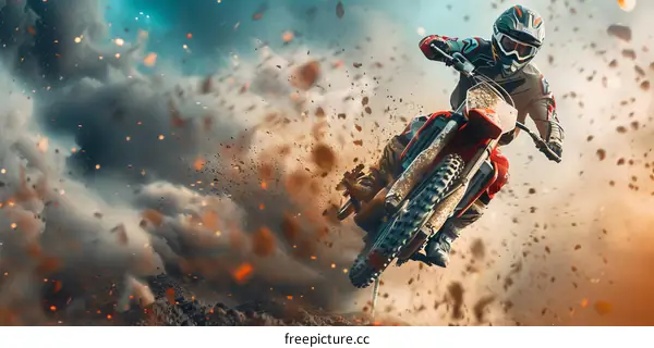 Motocross dirt bike rider jumping over a hill