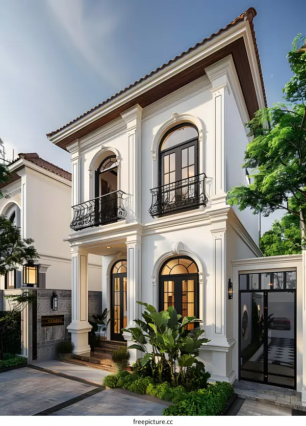 Luxury White Villa with Arched Windows and Balcony