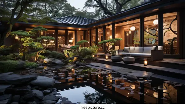 A tranquil Japanese garden with a modern house