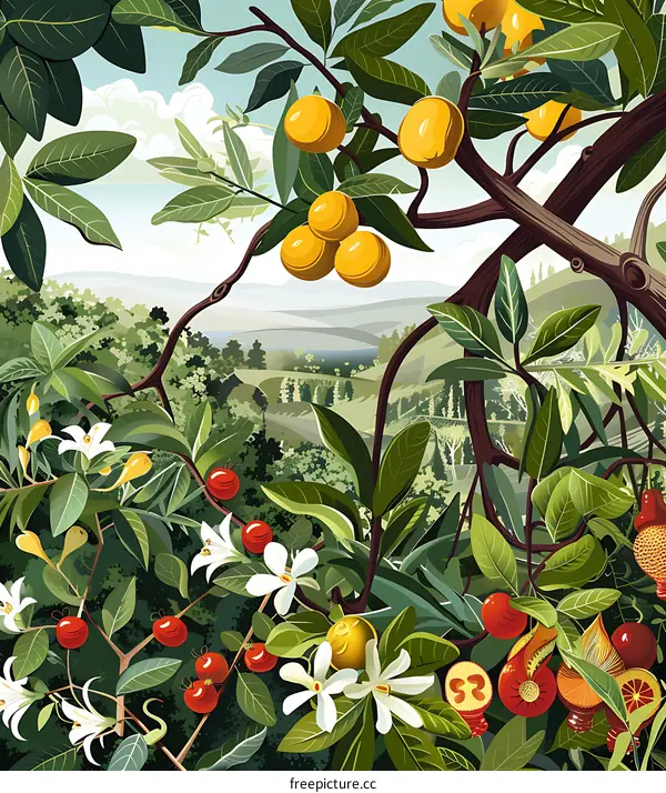 Floral Illustration With Oranges and Red Fruits in the Garden