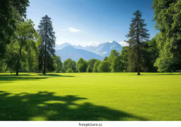 Green field with mountains in the distance